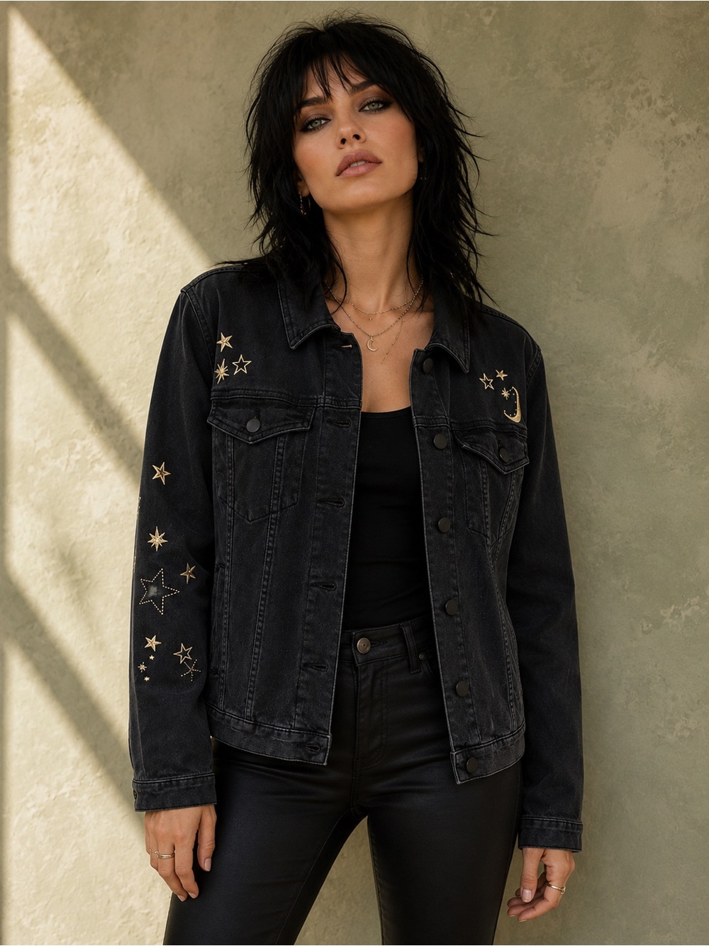Cactus + Pearl Celestial Moon Star Embroidered Black Denim Jacket Size XL